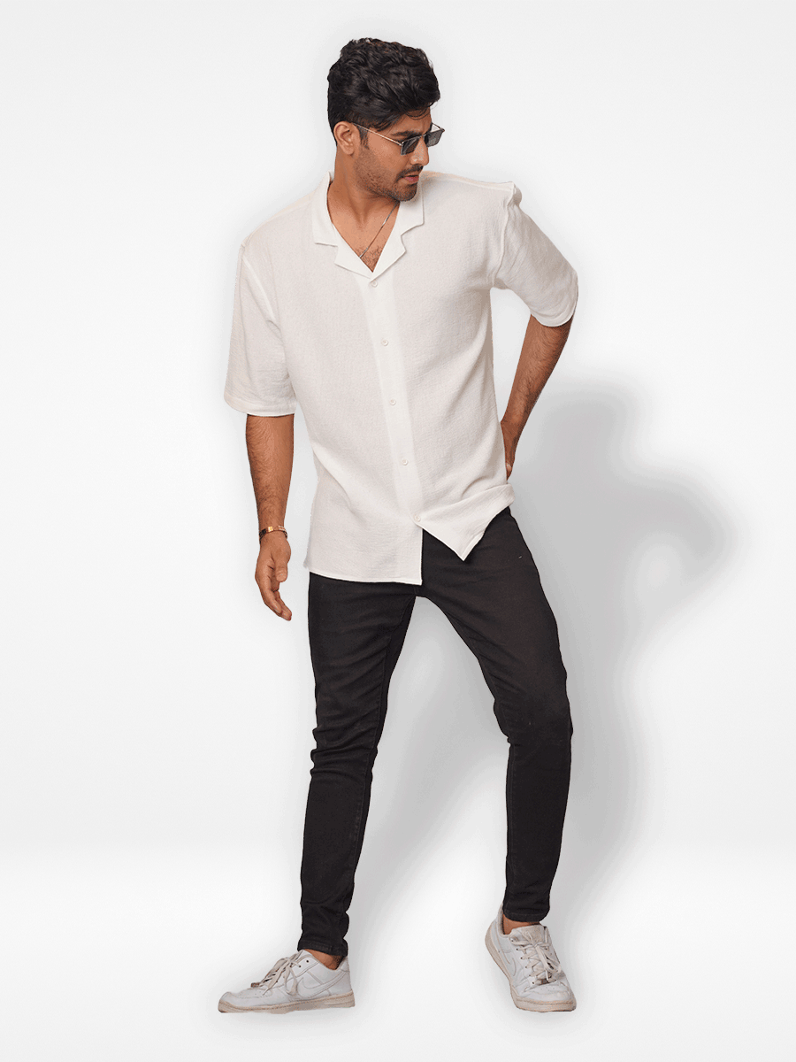 Men's Half-Sleeve Relaxed-Fit Casual Cuban Collar Shirt White