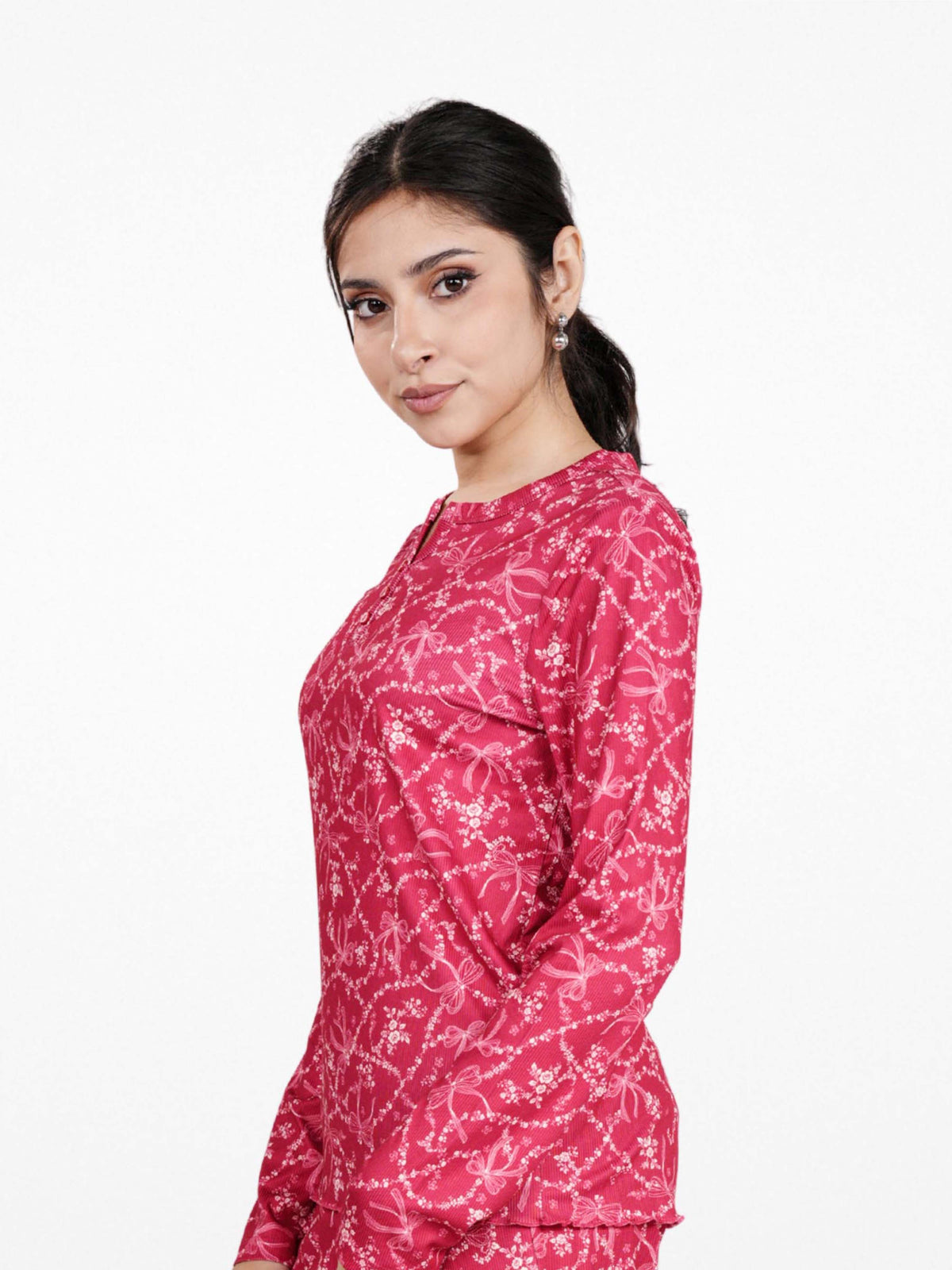 Women's Henley Long Sleeve Printed Top – Soft & Stretchy Rib Knit Casual T-Shirt