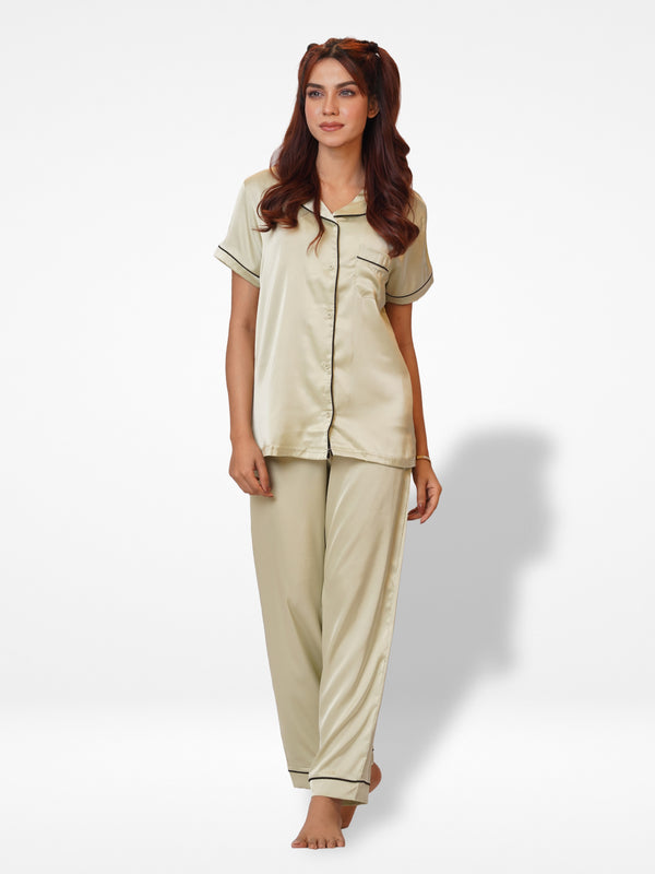 Satin Pajama Set for Women - Contrast Piping, Notch Collar, Button Down, Short Sleeve & Long Pant