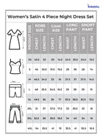 Size chart for women's satin 4-piece night dress set by Inteblu