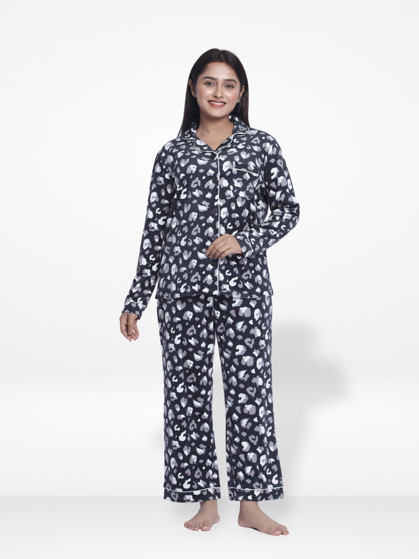 Women Velour Sleepwear Long Sleeve Dark Grey Aop Pyjama Set