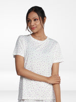 Women’s All Over Printed Short Sleeve Lounge Top | Soft Stretch Yummy Rib Fabric | Crew Neck Casual Sleepwear & Loungewear Top - White