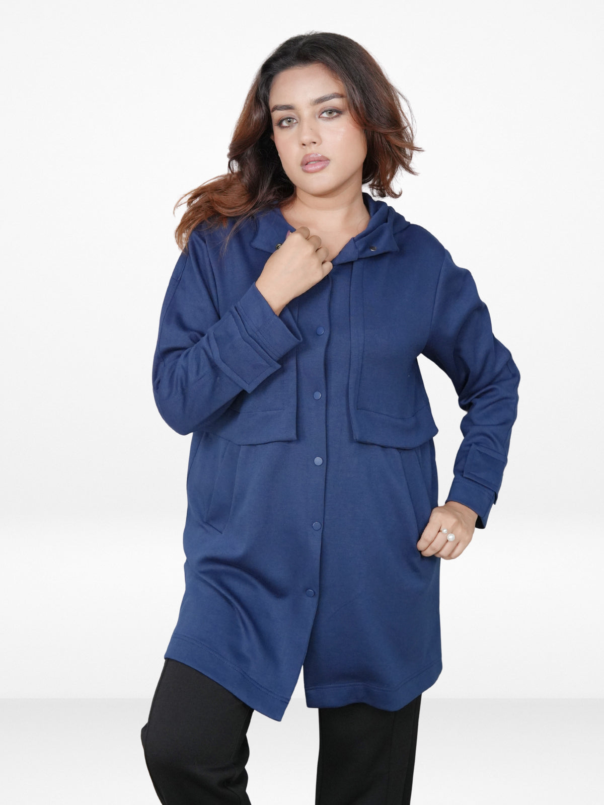 Women’s Soft Pastel Longline Hooded Jacket –Casual Outerwear with Snap Button Closure & Side Pockets