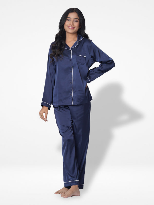 Satin Pajama Set for Women - Contrast Piping, Notch Collar, Button Down, Long Sleeve &amp; Long Pant