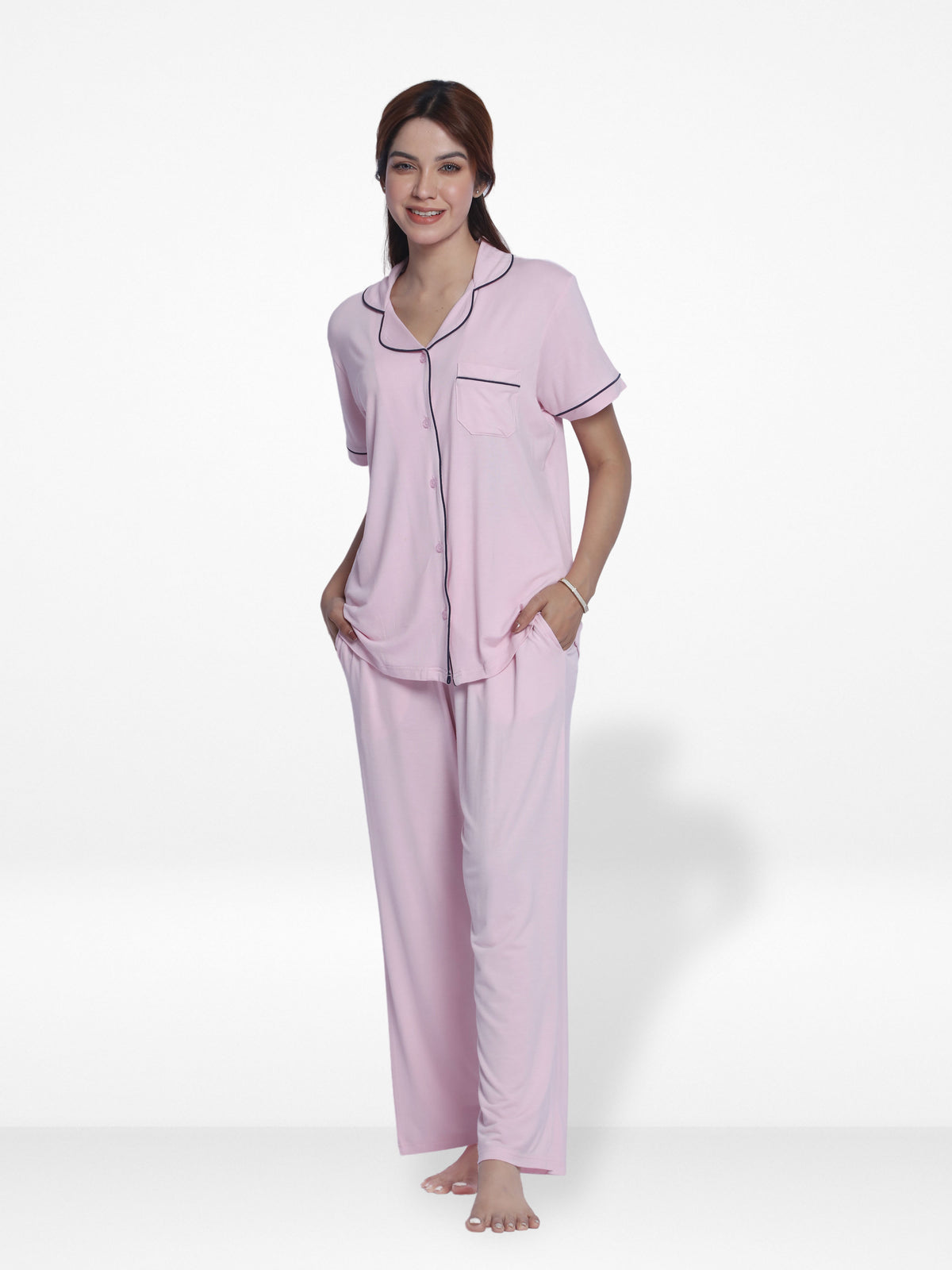 Women Solid Sleepwear Short Sleeve Pyjama Set