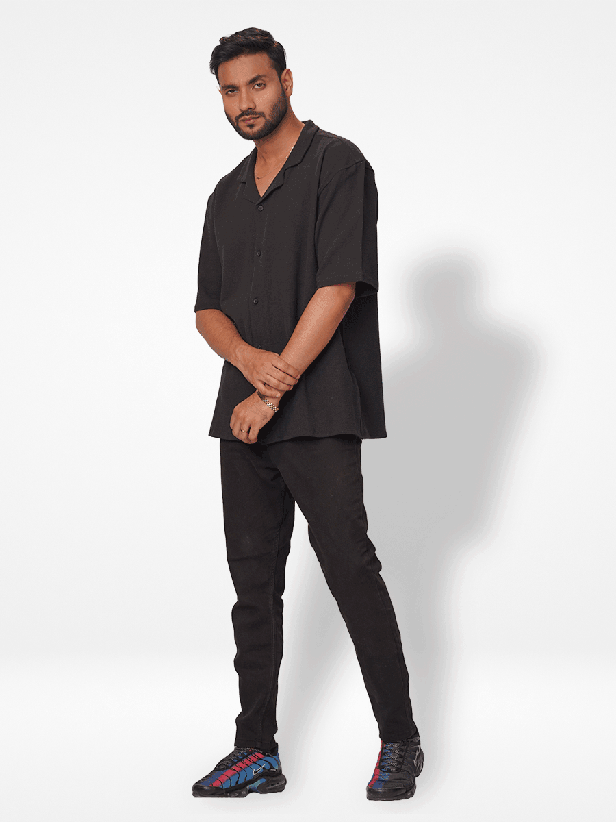 Men's Half-Sleeve Relaxed-Fit Casual Cuban Collar Shirt Black