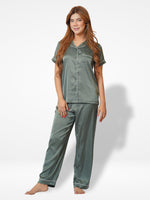 Satin Pajama Set for Women - Contrast Piping, Notch Collar, Button Down, Short SleeveLong Pant