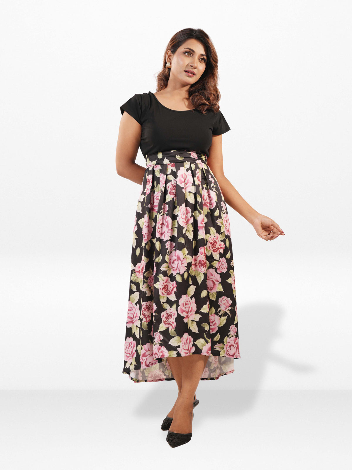 Women's Black Floral Cap Sleeve Midi Dress – Elegant Casual Summer Dress