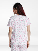 Women’s All Over Printed Short Sleeve Lounge Top | Soft Stretch Yummy Rib Fabric | Crew Neck Casual Sleepwear & Loungewear Top - Pink