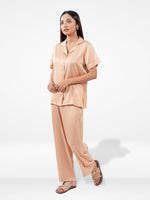 Satin Pajama Set for Women - Button Down, Short Sleeve Long Pant