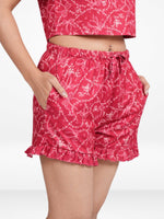 Womens All Over Printed Frill Height Style Bottom Shorts for Trendy Casual Wear - Crimson