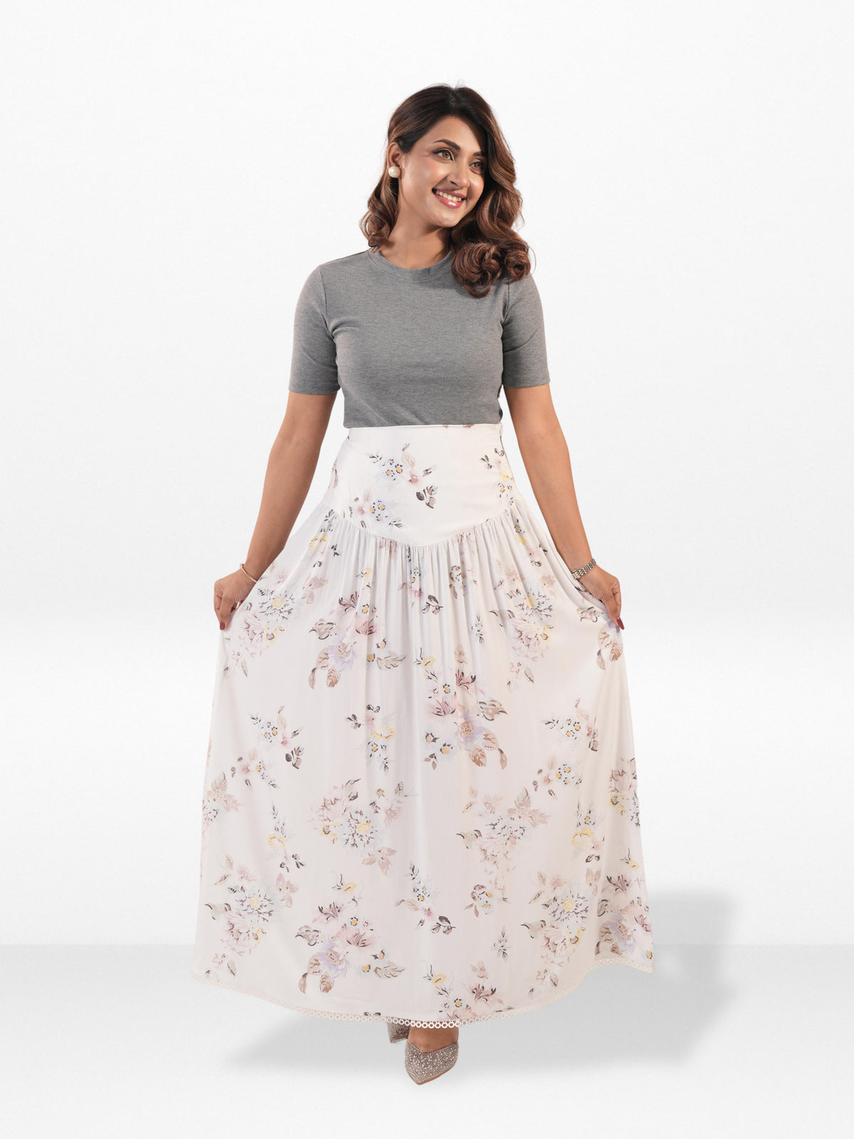 Women’s All Over Printed Maxi Skirt – Summer Pleated High Waist Casual Long Skirt
