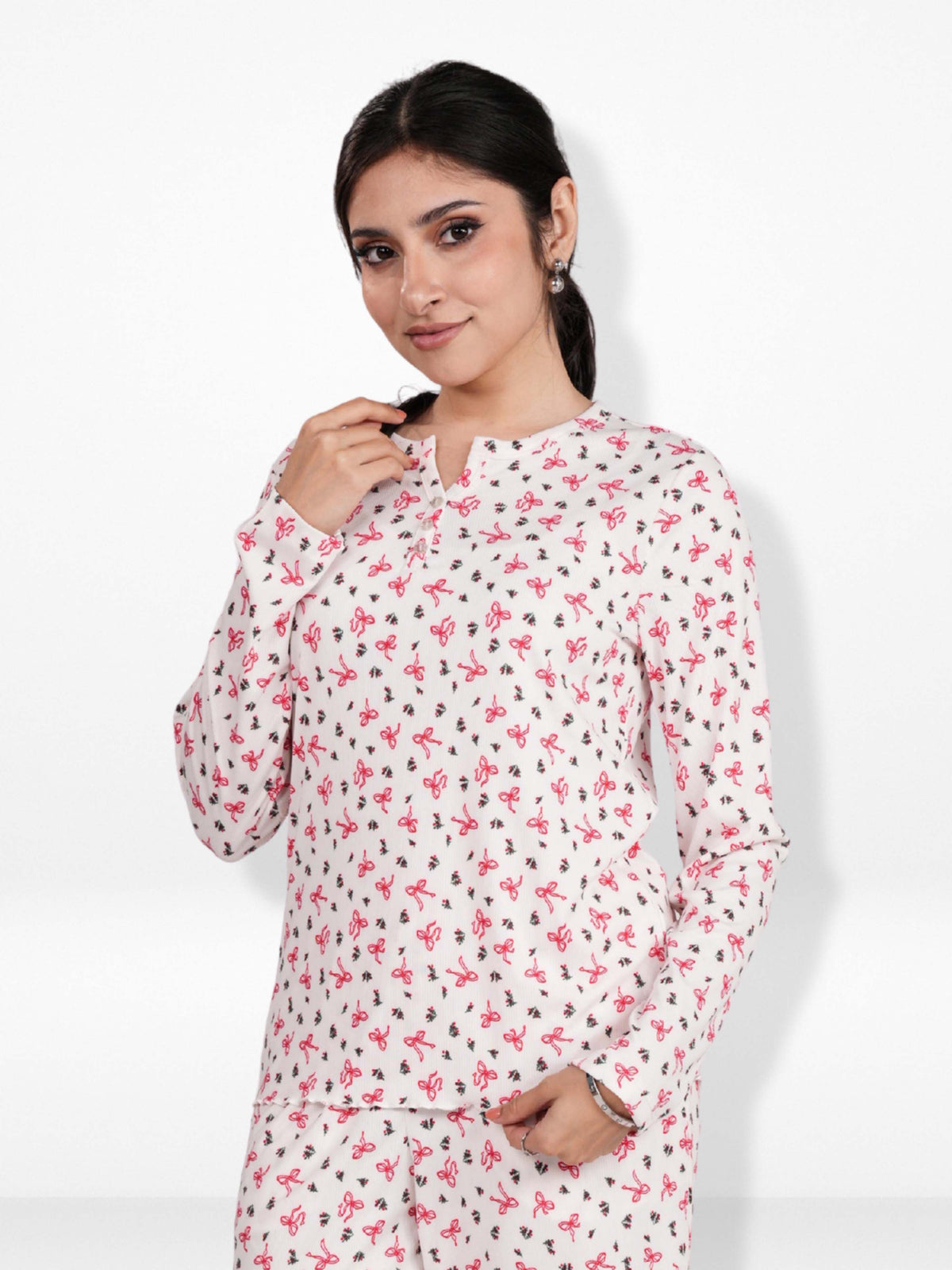 Women's Henley Long Sleeve Printed Top – Soft &amp; Stretchy Rib Knit Casual T-Shirt