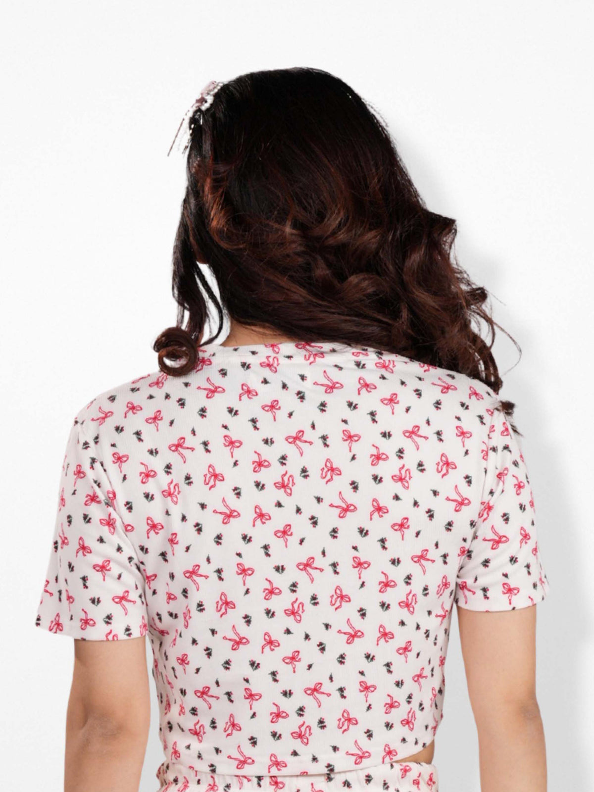 Womens All Over Printed Crop Top Crew Neck Half Sleeve Tee for Trendy Casual Wear - Egret