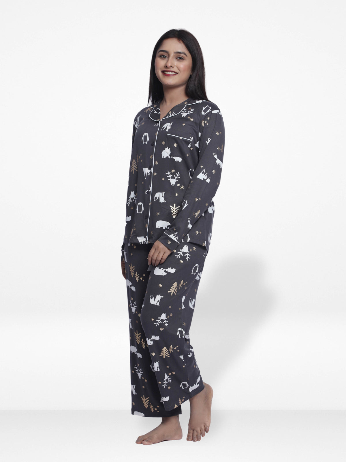 Women Sleepwear Long Sleeve Pyjama Set Dark Grey Aop