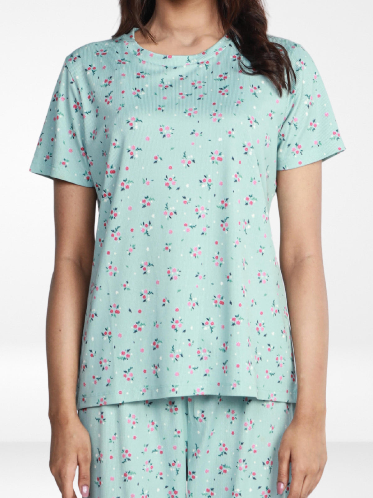 Women’s All Over Printed Short Sleeve Lounge Top | Soft Stretch Yummy Rib Fabric | Crew Neck Casual Sleepwear & Loungewear Top - Ether