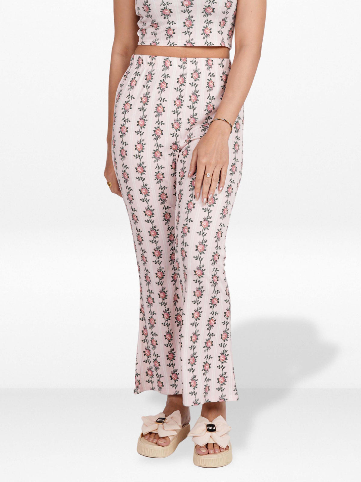 Women’s Printed Palazzo Pants | Wide Leg Lounge Trousers for Women | Soft Stretch Yummy Rib Fabric | Casual & Party Wear Bottoms - Blushing Bride Rose