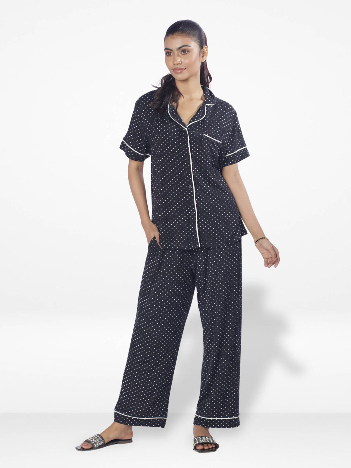 Women Printed Night Suit Set of Shirt & Pyjama, Night wear Dress