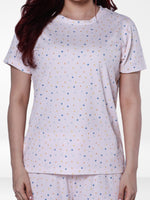 Women’s All Over Printed Short Sleeve Lounge Top | Soft Stretch Yummy Rib Fabric | Crew Neck Casual Sleepwear & Loungewear Top - LT.Pink