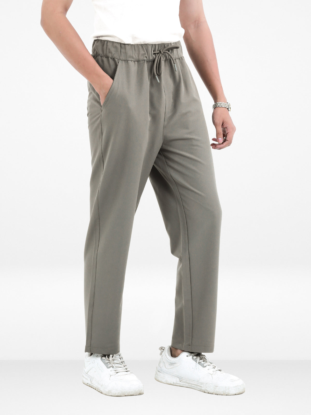 Men’s Relaxed Fit Trousers – Elastic Waist with Drawstring, Casual Pants with Fake Fly & Side Pockets , Comfortable Everyday Wear|Beige