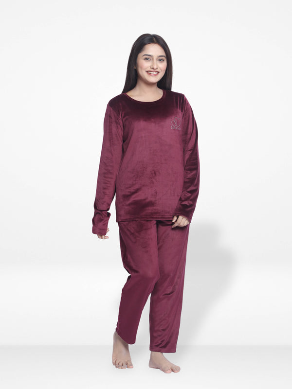 Women Velour Sleepwear Long Sleeve Pyjama Set Wine