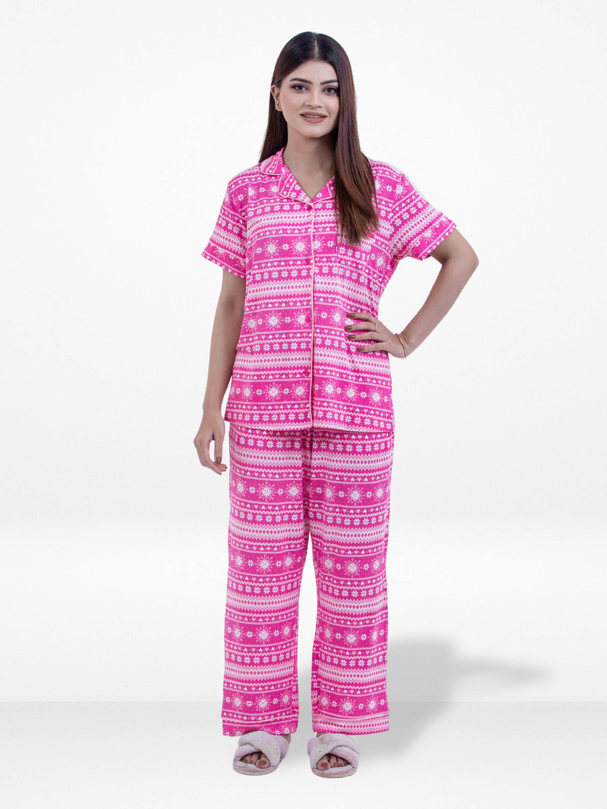 Women Texture Printed Suit Shirt & Pyjama Set , Night wear Dress Women's Printed Night Suit Set Shirt & Pyjama | Soft Nightwear Dress, 2 Piece Sleepwear for Women, 