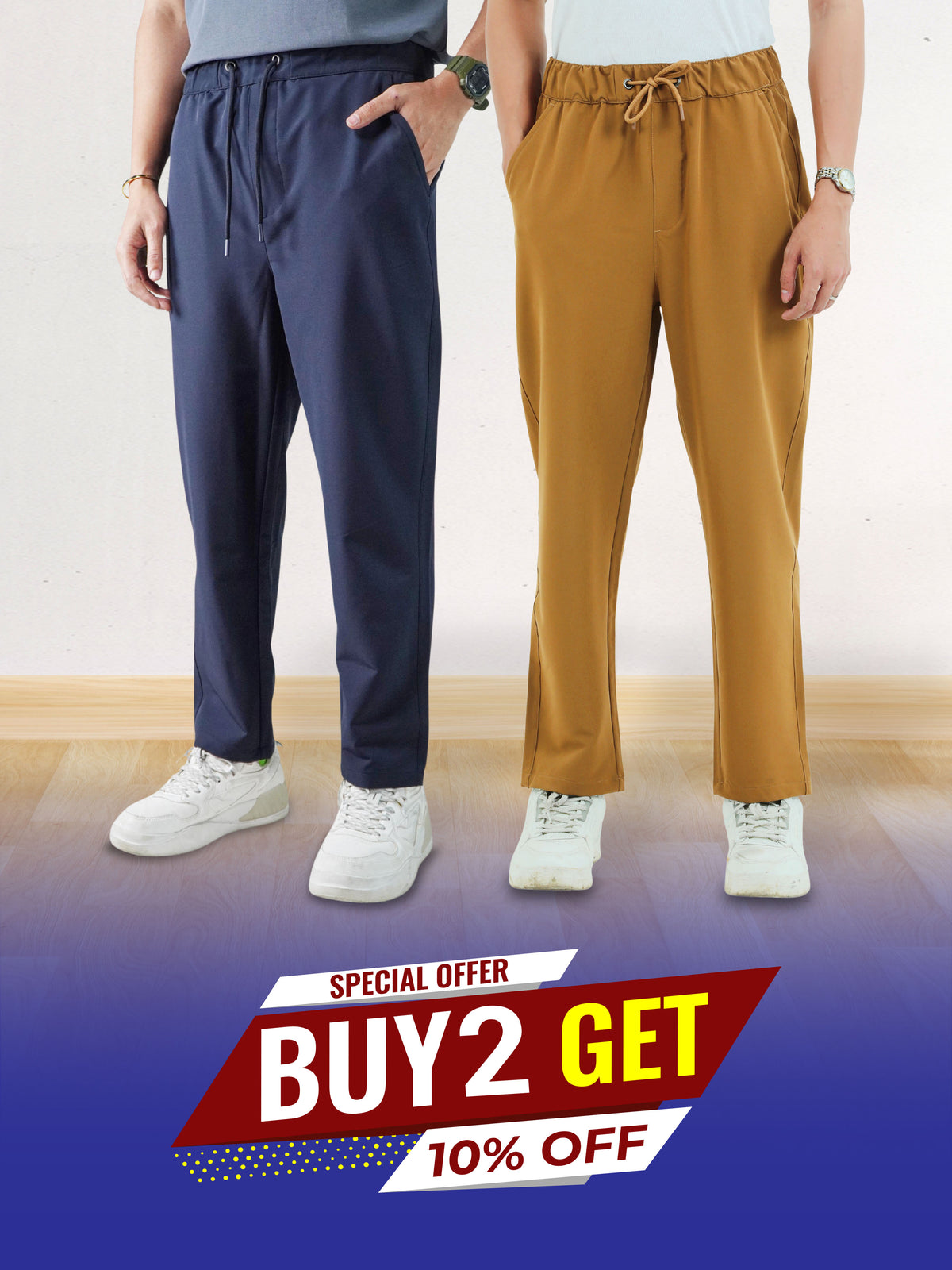 Men’s Relaxed Fit Trousers – Elastic Waist with Drawstring, Casual Pants with Fake Fly & Side Pockets ,Comfortable Everyday Wear