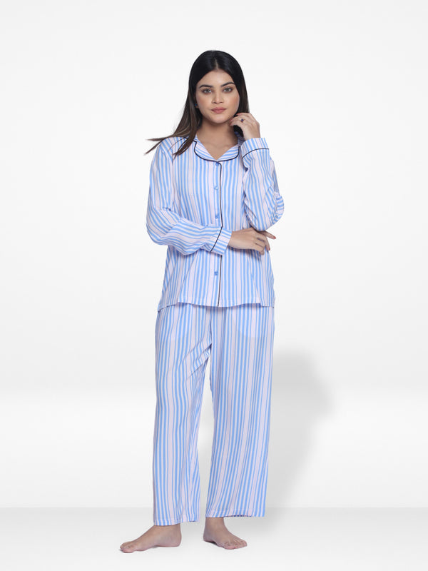 Women Blue Stripe Sleepwear Long Sleeve Pyjama Set