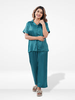 Satin Pajama Set for Women - Button Down, Short Sleeve Long Pant