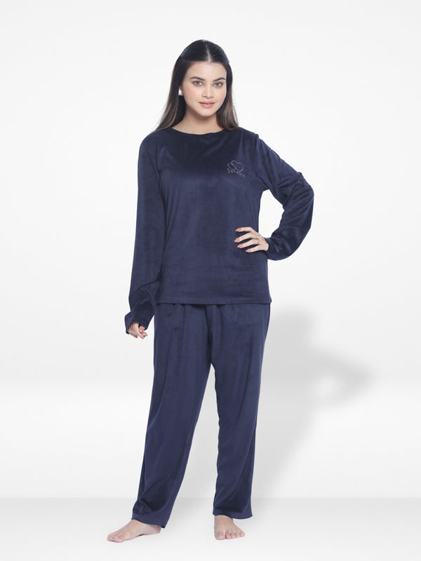 Women Velour Sleepwear Long Sleeve Pyjama Set Navy