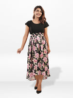Women's Black Floral Cap Sleeve Midi Dress – Elegant Casual Summer Dress