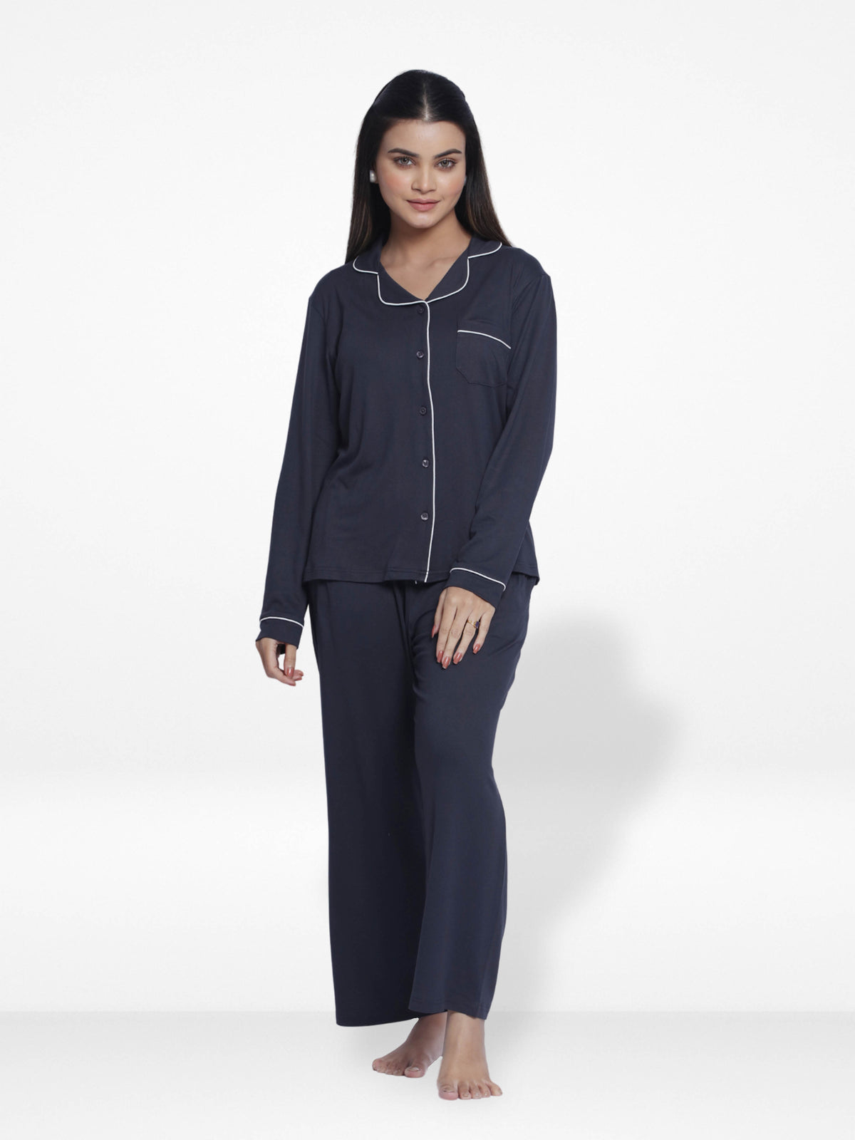 Women Solid Sleepwear Long Sleeve Pyjama Set- Inteblu™