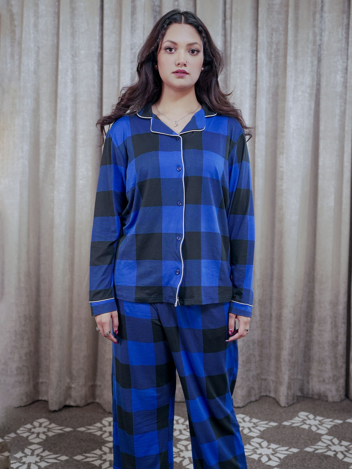 Women Sleepwear Long Sleeve Pyjama Set Blue Check