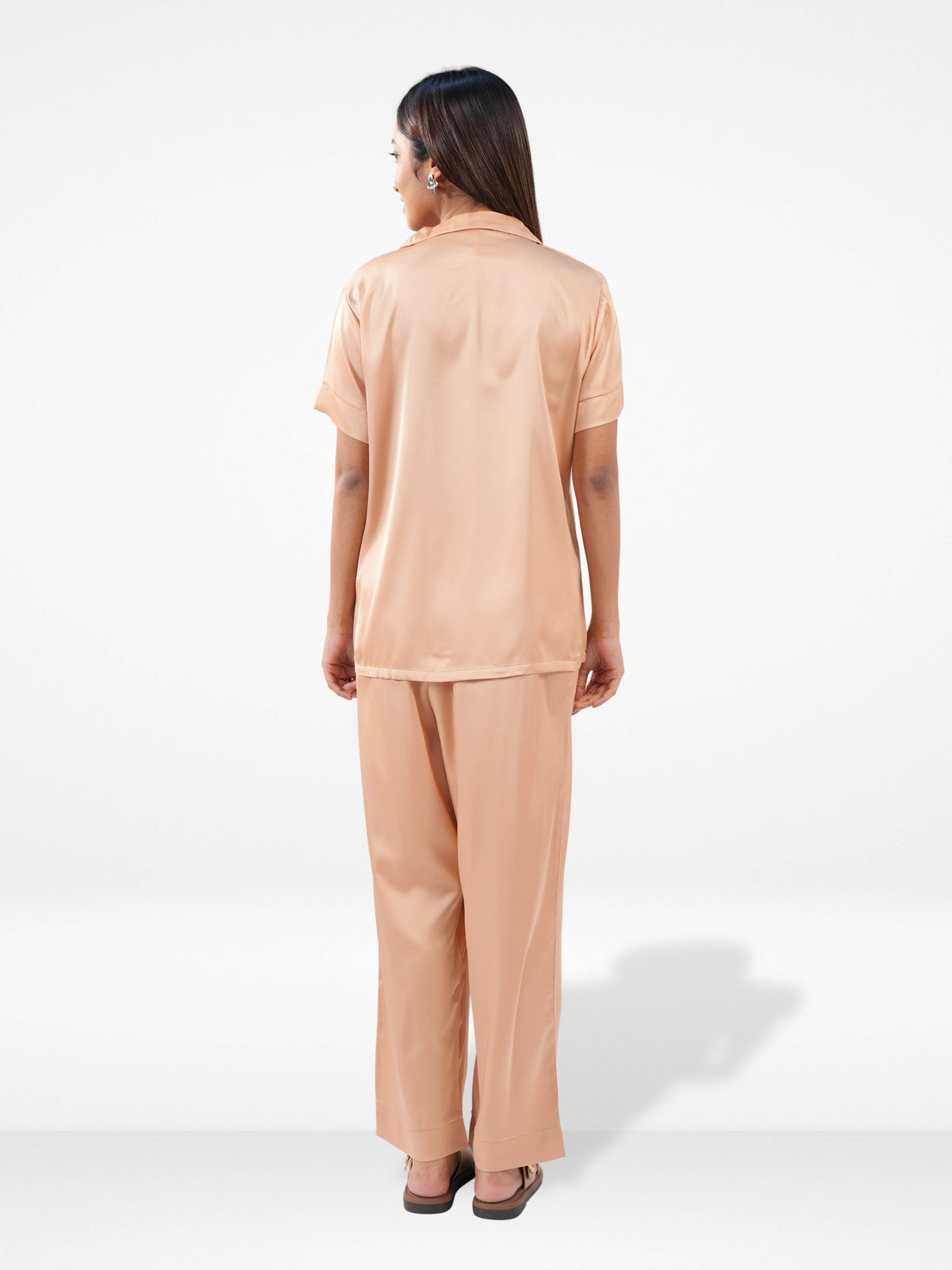 Satin Pajama Set for Women - Button Down, Short Sleeve Long Pant