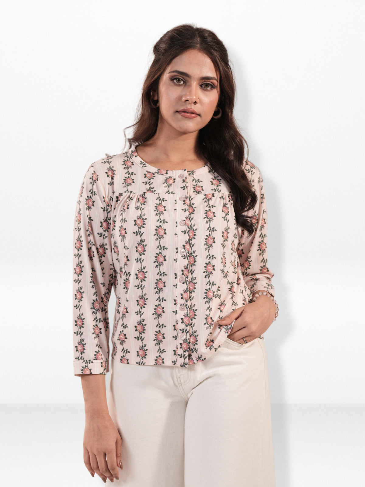 Women's Floral Printed Casual Three-Quarter Sleeves Round Neck Women Regular Fit Tops