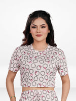 Womens All Over Printed Crop Top and Long Bottom Set Crew Neck Half Sleeve Tee & Matching Bottom | Trendy Casual Two-Piece Wear - Blushing Bride
