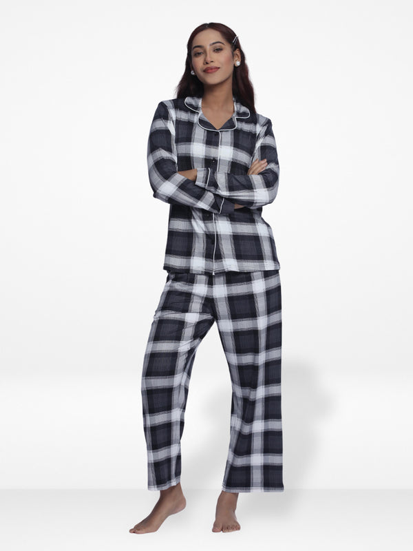 Women Sleepwear Long Sleeve Pyjama Set White Check