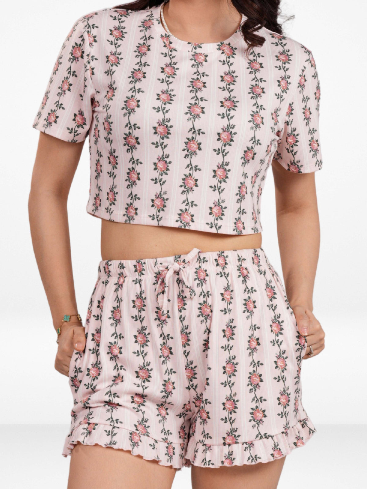 Women’s All Over Printed Crop Top Set – Crew Neck Half Sleeve Tee & Matching Bottom | Trendy Casual Two-Piece Wear