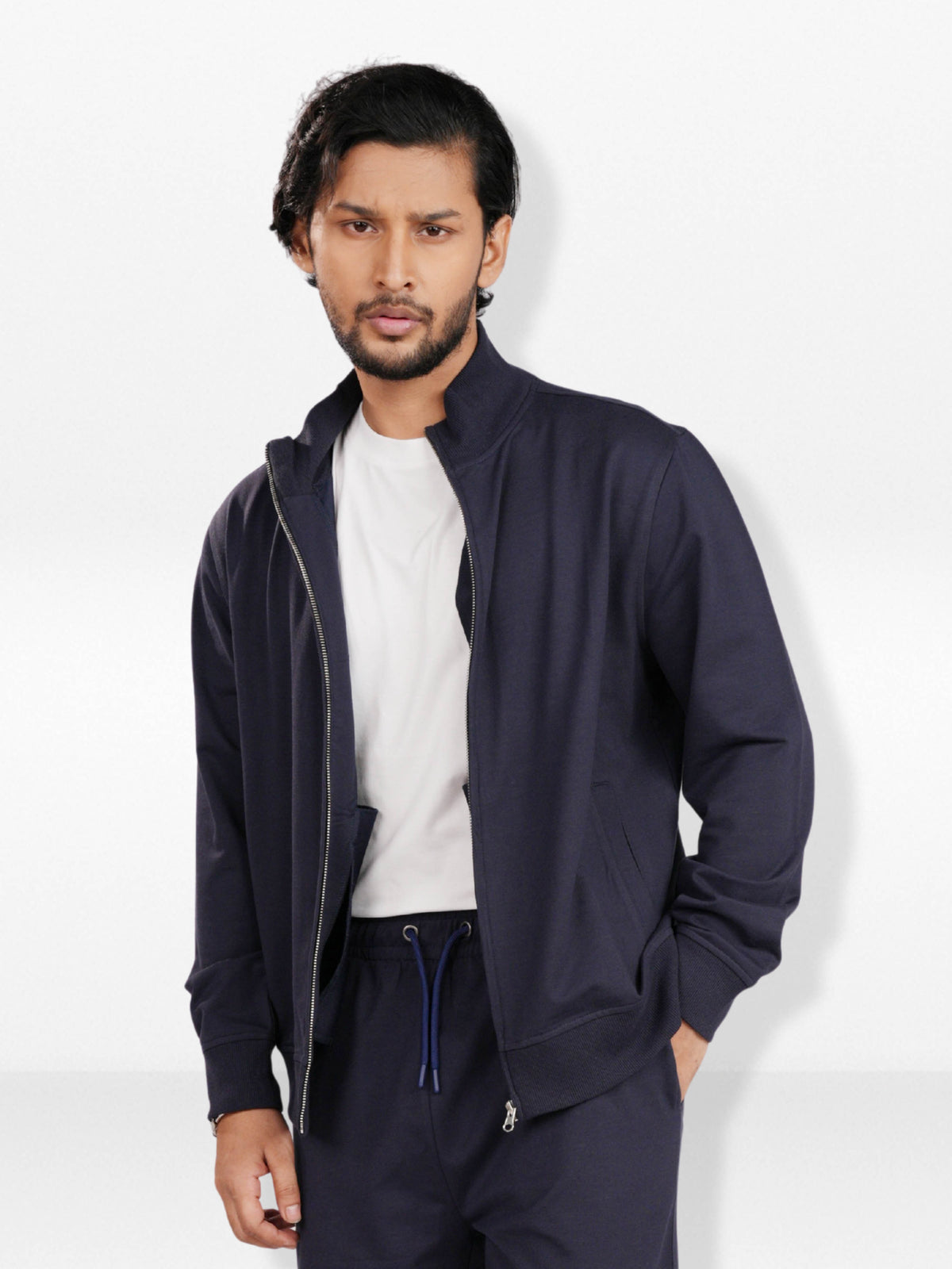 Men’s Regular Fit Jacket – High Neck Front Zip | Long Sleeve Outerwear with Ribbed Trims & Welt Pockets