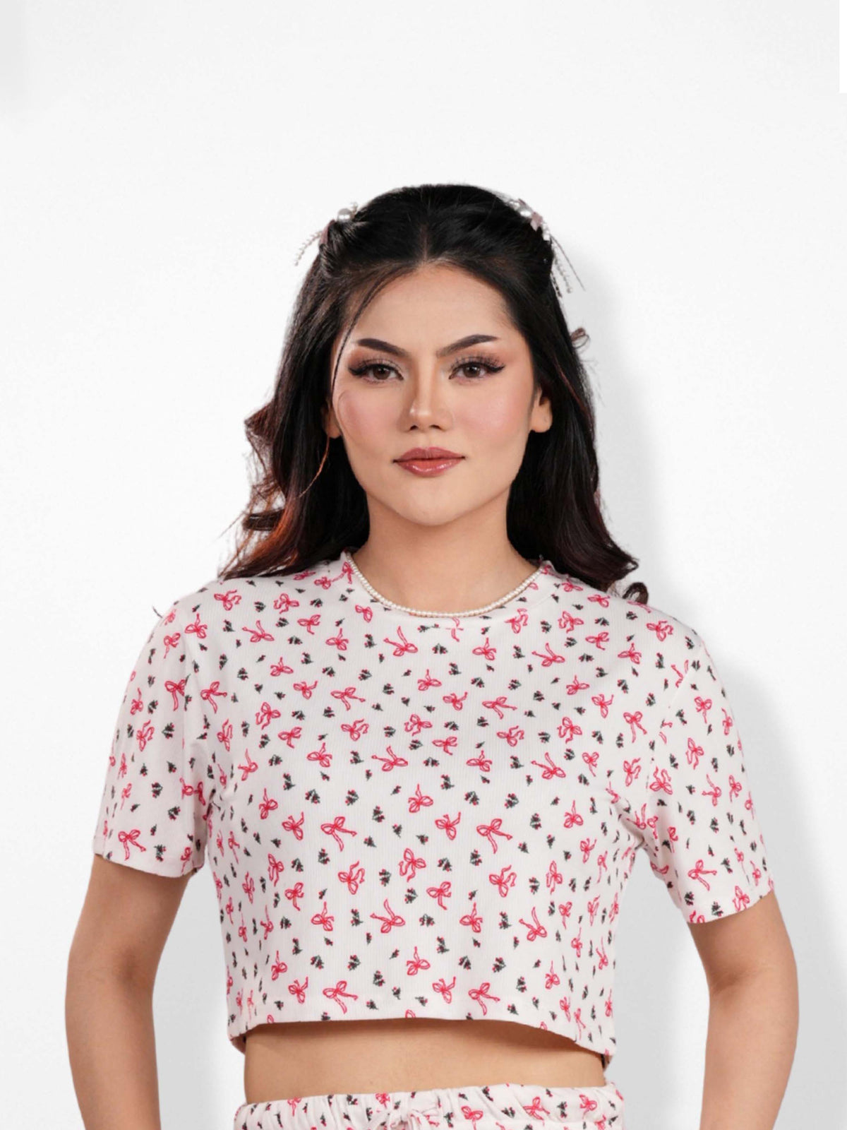 Womens All Over Printed Crop Top Crew Neck Half Sleeve Tee for Trendy Casual Wear - Egret