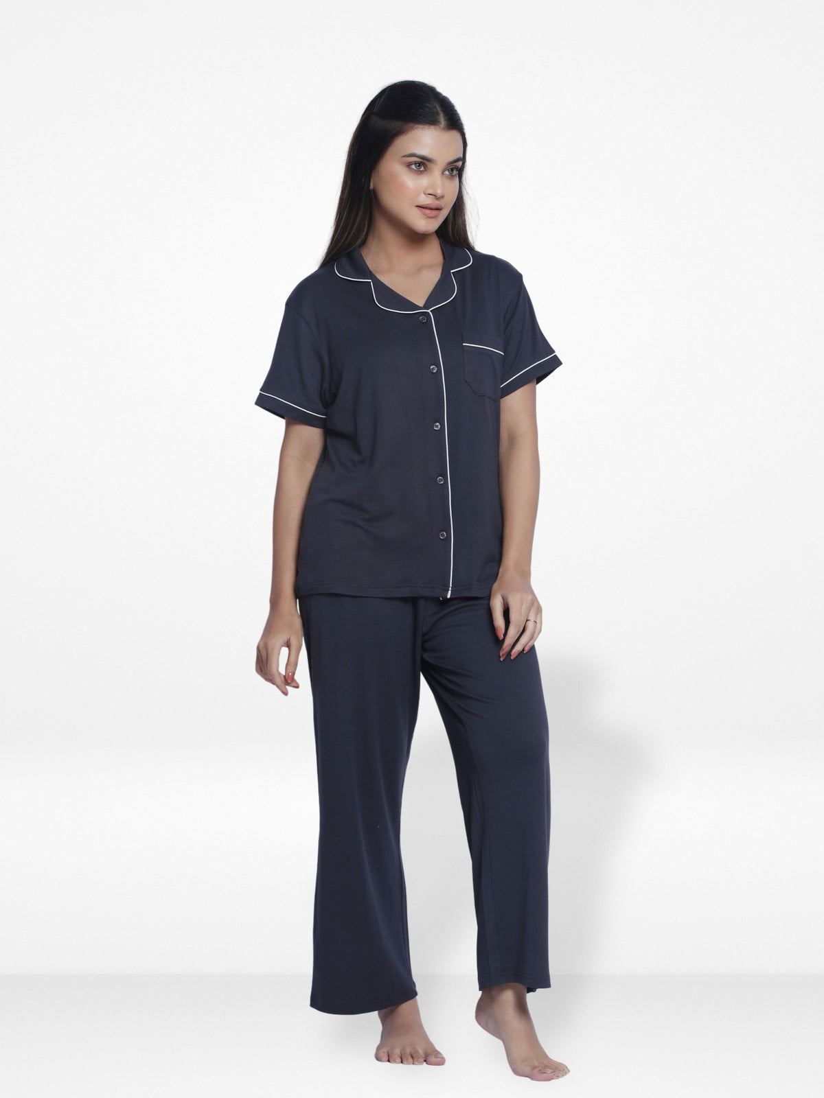 Women Solid Sleepwear Short Sleeve Pyjama Set