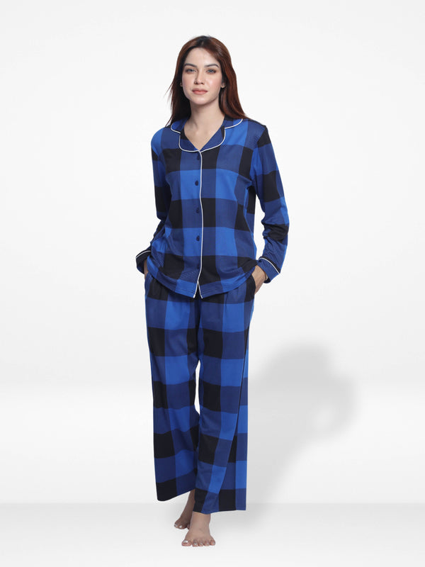 Women Sleepwear Long Sleeve Pyjama Set Blue Check