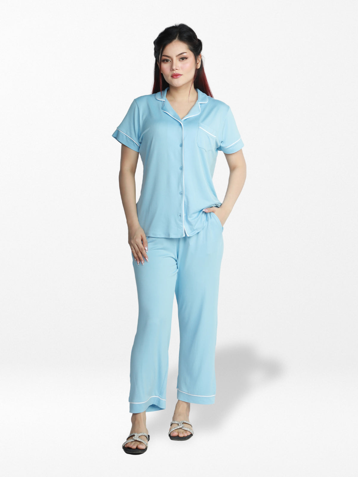 Women Solid Night Suit Set of Shirt & Pyjama, Night wear DressWomen’s Printed Night Suit Set – Shirt &amp; Pyjama | Soft Nightwear Dress, 2 Piece Sleepwear for Women, Comfortable Loungewear