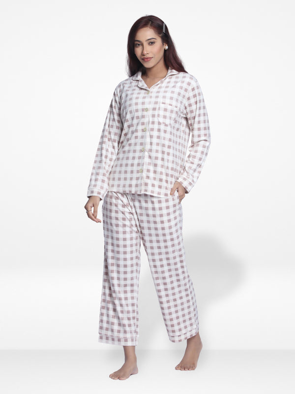 Women Velour Sleepwear Long Sleeve White Check Pyjama Set