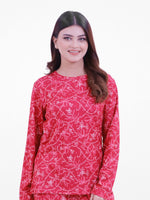 Women’s Long-Sleeve Crew Neck Pajama Top | All-Over Print Sleepwear Shirt | Soft & Stretchy Yummy Rib Fabric | Lounge Top - Crimson