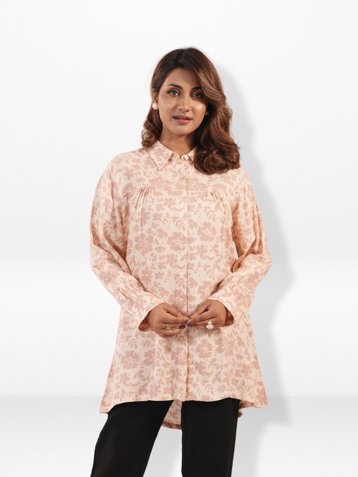 Women’s Floral Print Tunic Shirt – Long Sleeve Button-Up Blouse | Casual Loose Fit Top for Women