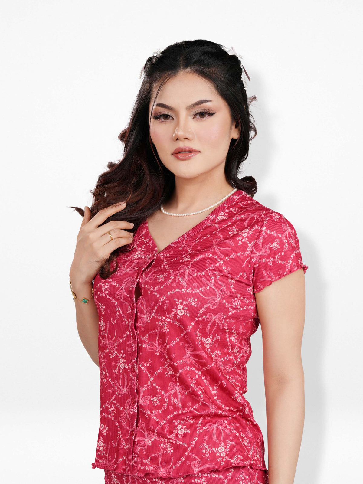 Women’s Short Sleeve Button-Down Top | Printed Sleepwear Shirt | Soft & Stretchy Yummy Rib Fabric | Lounge Top - Crimson