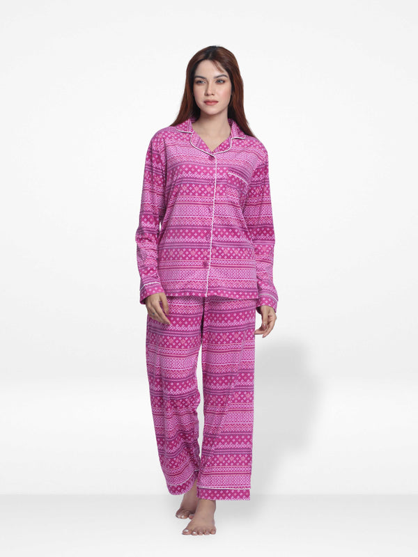 Women Velour Sleepwear Long Sleeve Pink Aop Pyjama Set