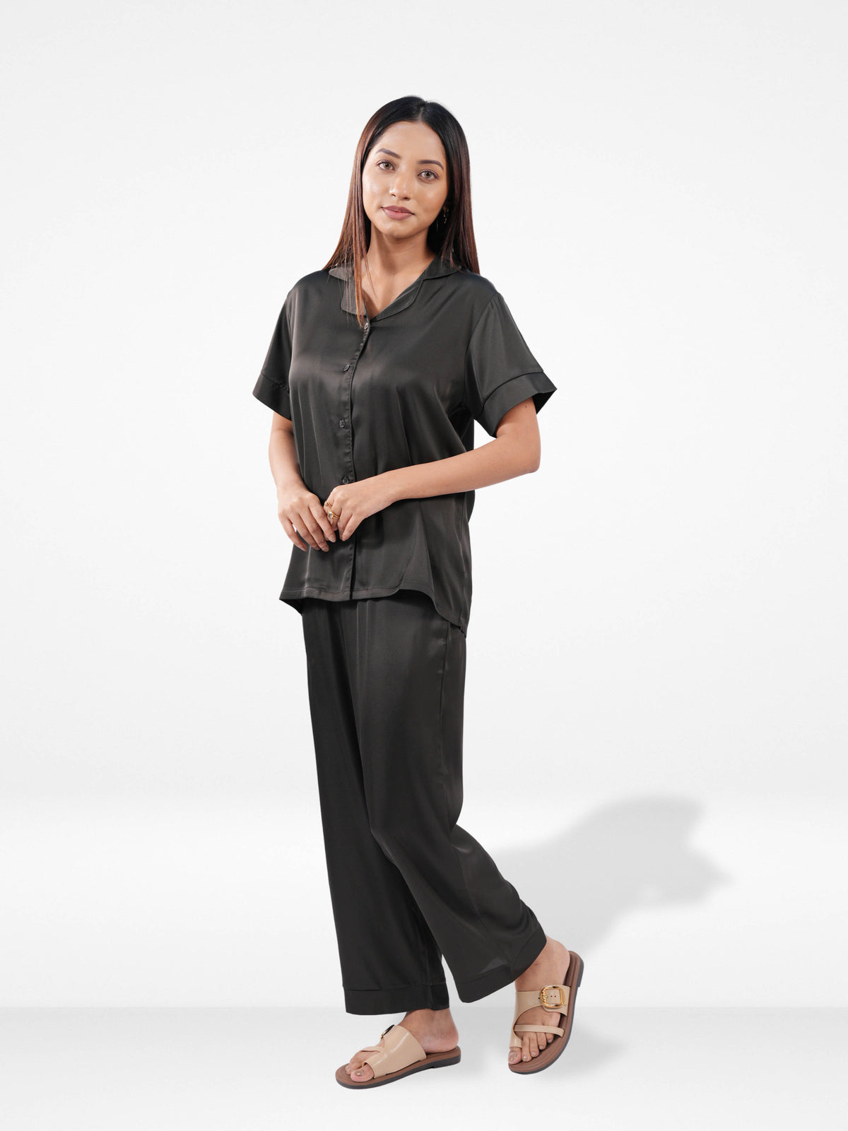 Satin Pajama Set for Women - Button Down, Short Sleeve Long Pant
