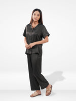 Satin Pajama Set for Women - Button Down, Short Sleeve Long Pant